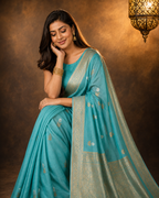 Aqua Teal Blue - Pure Organza Silk Banarasi Saree