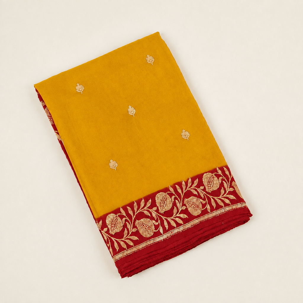 Mustard Yellow contrast with Red  - Pure Raw Mango Banarasi Saree