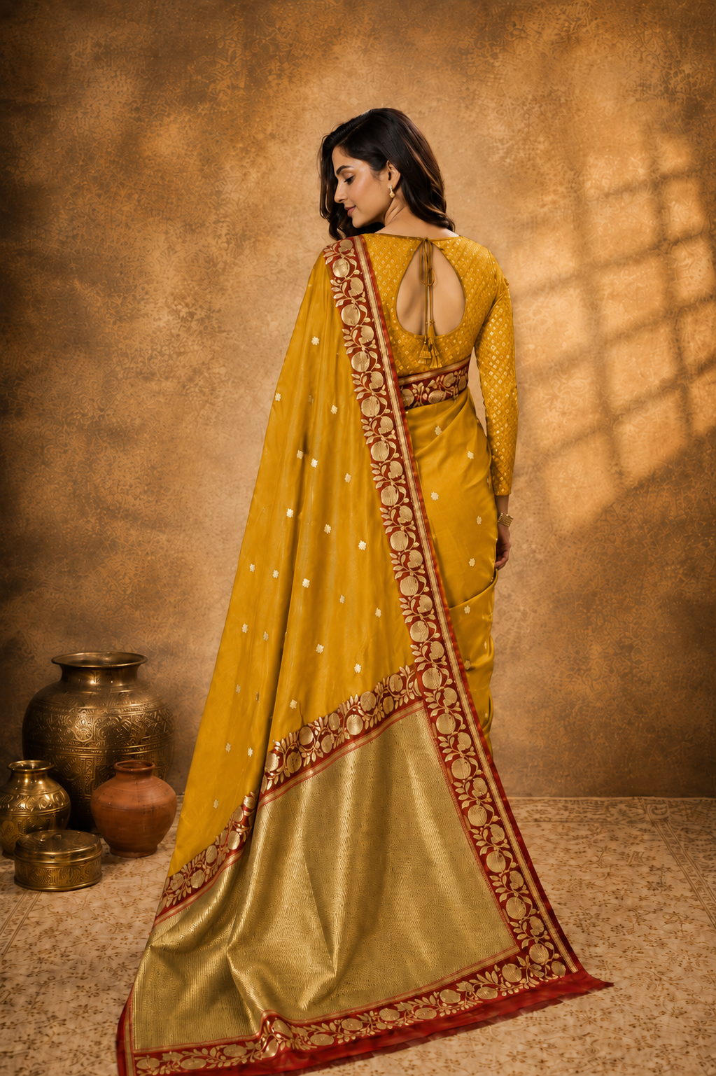 Mustard Yellow contrast with Red  - Pure Raw Mango Banarasi Saree