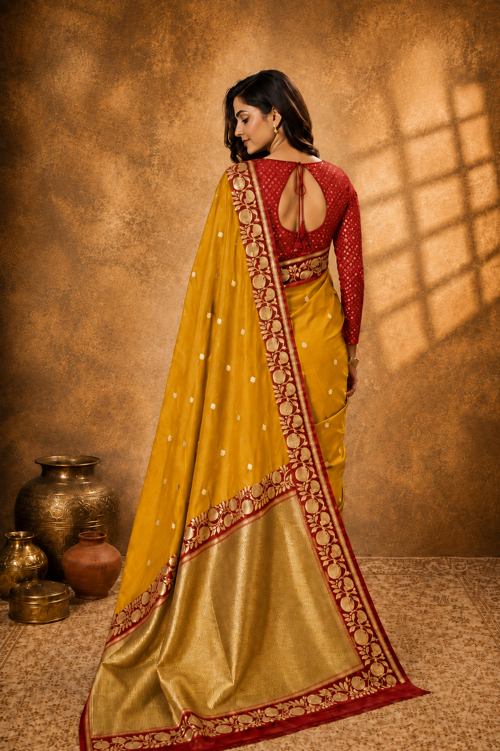 Mustard Yellow contrast with Red  - Pure Raw Mango Banarasi Saree