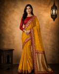 Mustard Yellow contrast with Red  - Pure Raw Mango Banarasi Saree