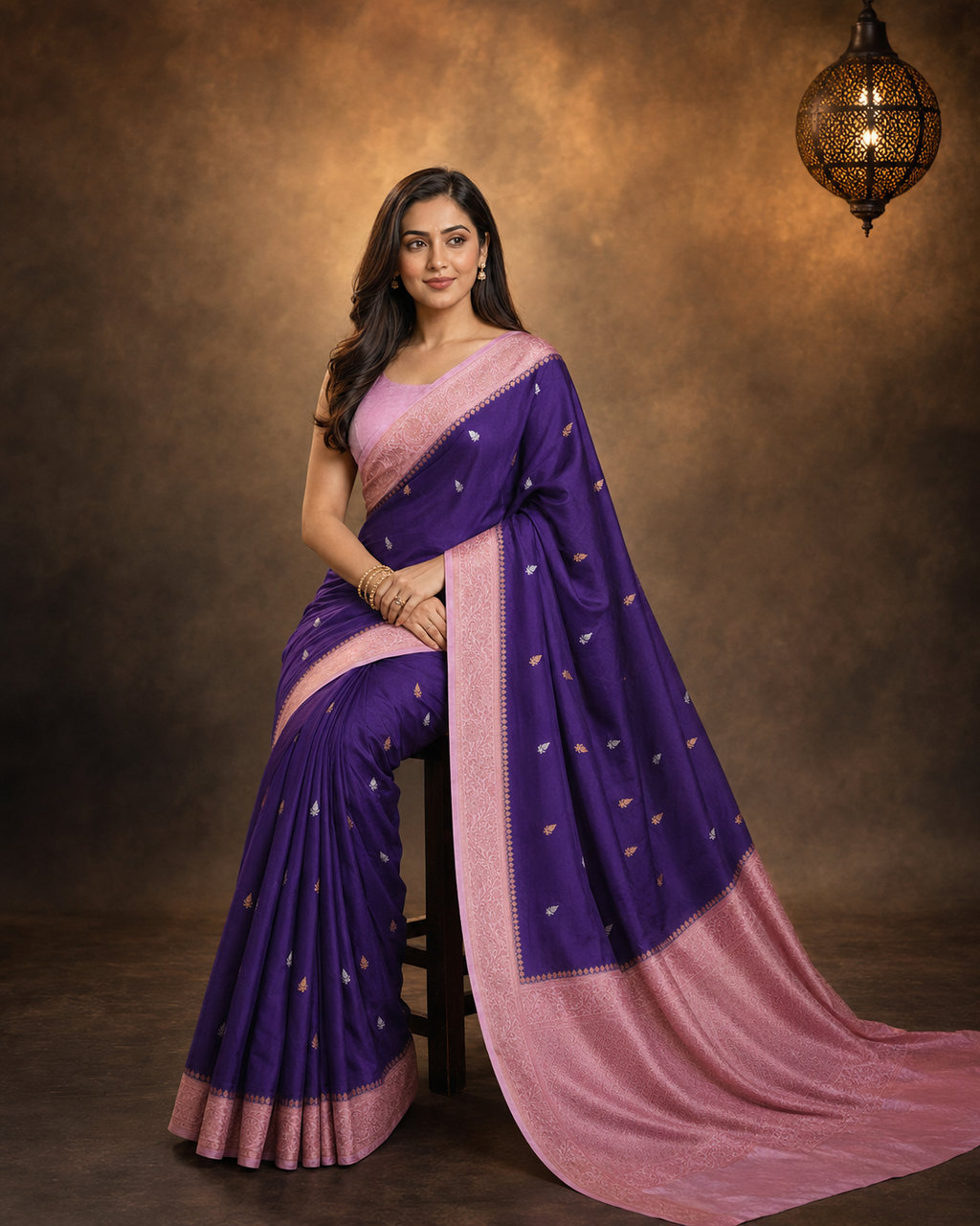 Purple Contrast with baby pink border - Pure Raw Mango Banarasi Saree