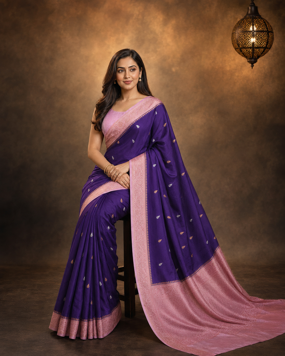 Purple Contrast with baby pink border - Pure Raw Mango Banarasi Saree