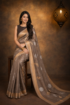 Dark Taupe - Pure Organza Banarasi Saree