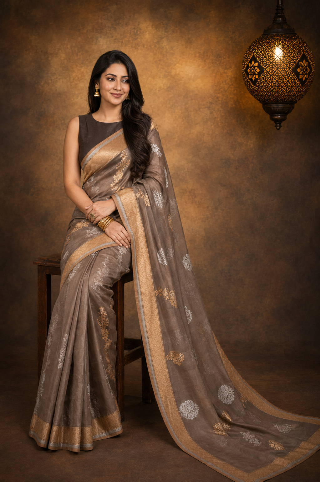 Dark Taupe - Pure Organza Banarasi Saree