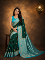 Bottle Green Contrast with Sky blue border - Pure Raw Mango Banarasi Saree
