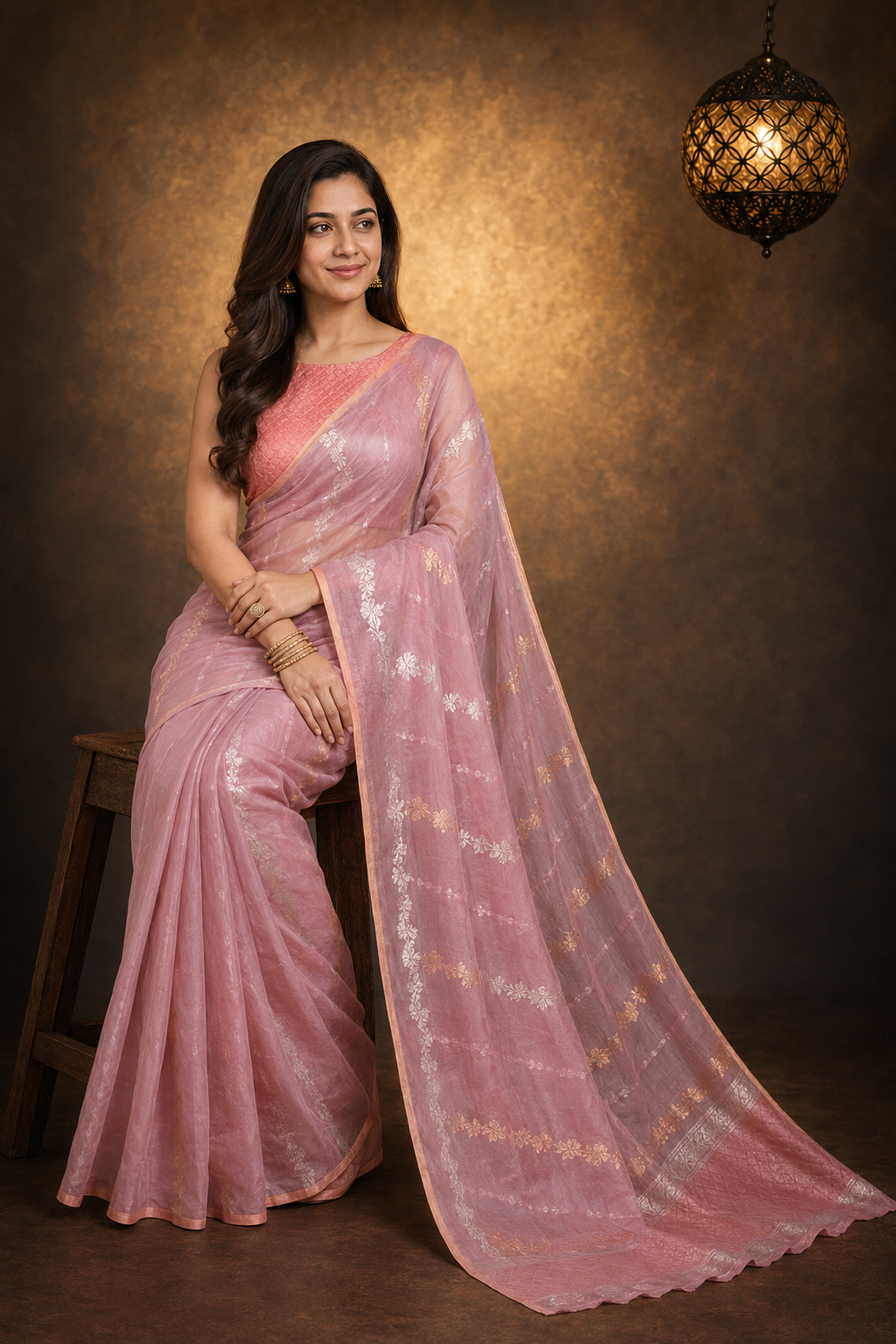 Pinkish Mauve Taupe - Pure Organza Banarasi Saree