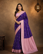 Purple Contrast with baby pink border - Pure Raw Mango Banarasi Saree