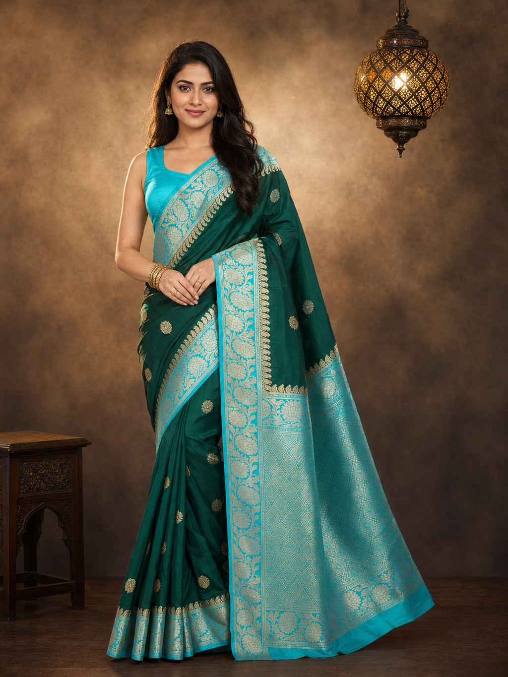 Bottle Green Contrast with Sky blue border - Pure Raw Mango Banarasi Saree