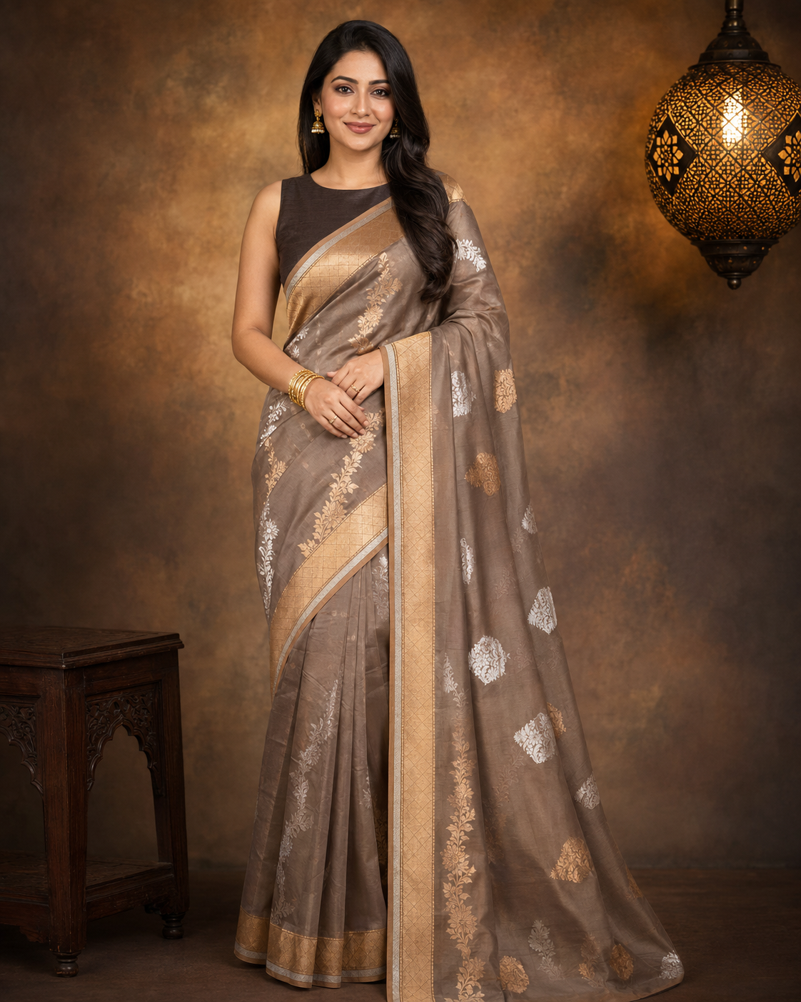 Dark Taupe - Pure Organza Banarasi Saree