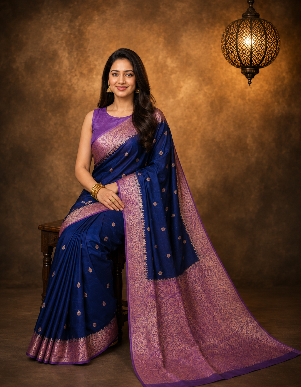 Navy Blue Contrast with Lavender Border - Pure Banarasi Raw Mango silk Saree