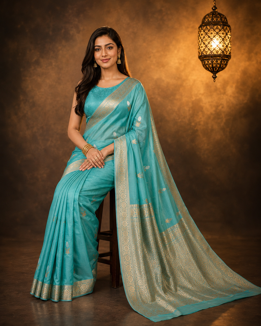 Aqua Teal Blue - Pure Organza Silk Banarasi Saree