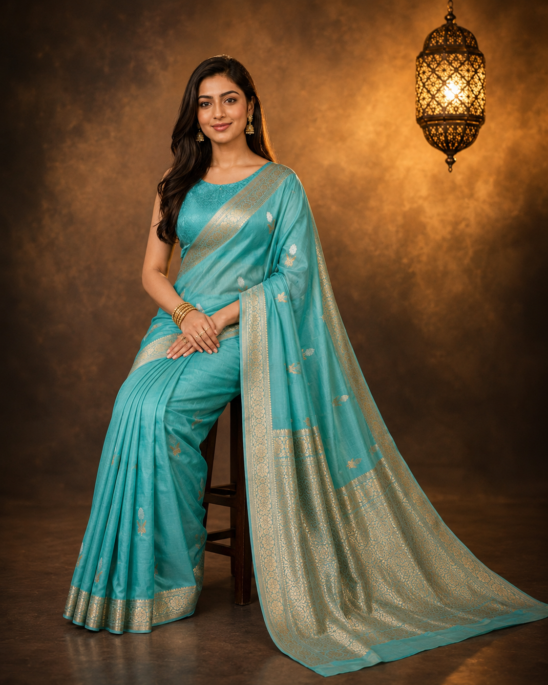 Aqua Teal Blue - Pure Organza Silk Banarasi Saree