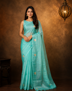 Sea Green - Pure Organza Banarasi Saree with Satin Border containing Alfi Golden Boota