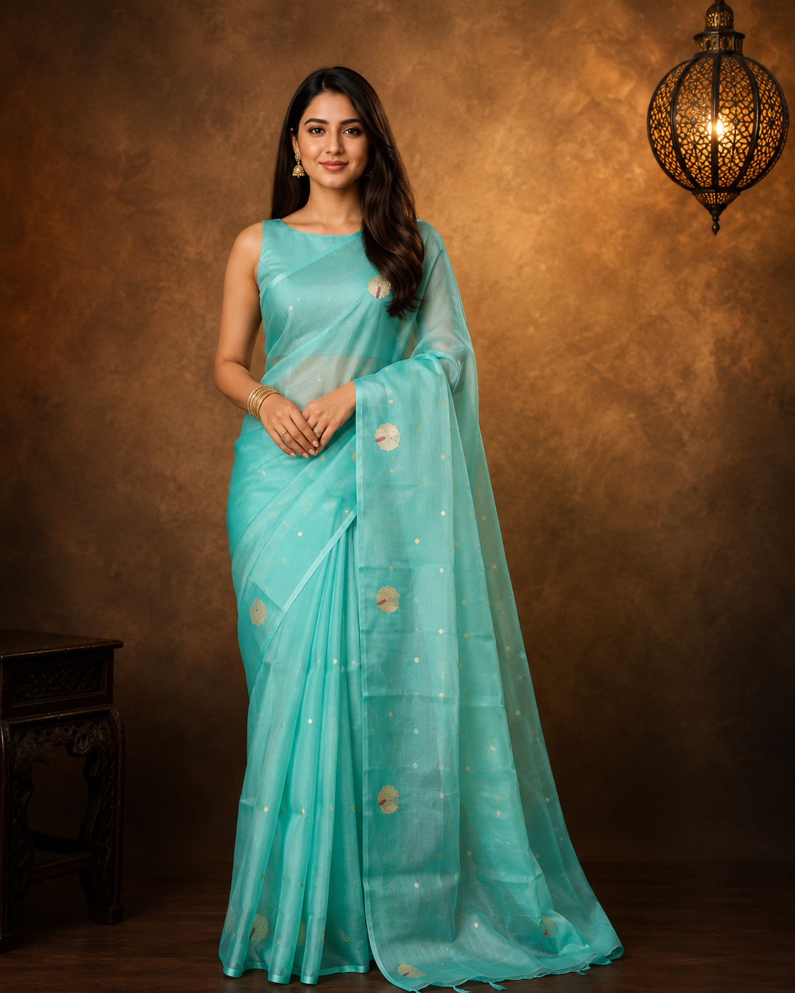 Sea Green - Pure Organza Banarasi Saree with Satin Border containing Alfi Golden Boota
