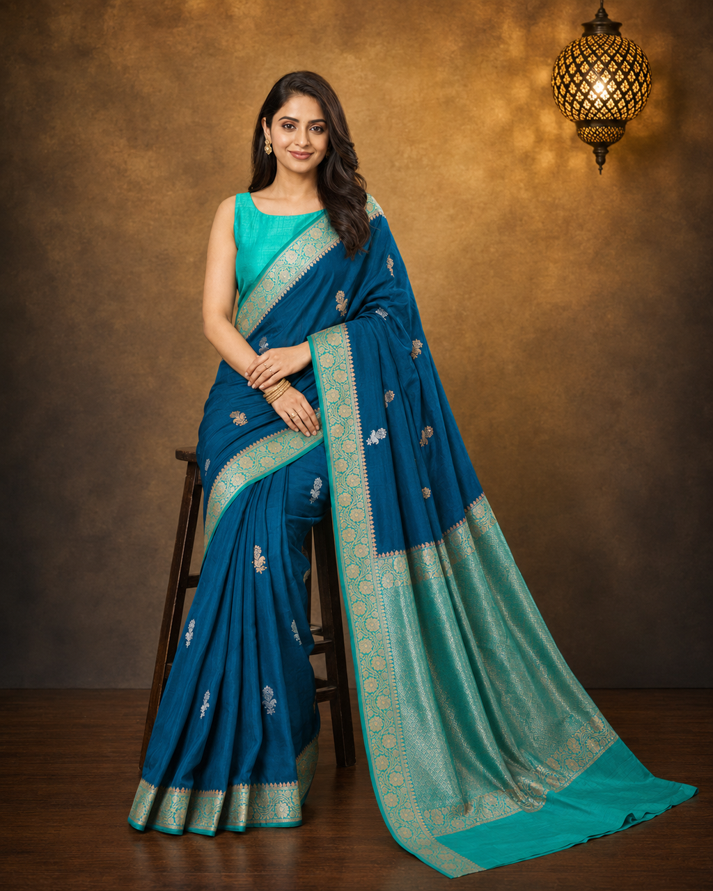 Dark Rama Contrast with Sea Green - Pure Raw Mango Banarasi Saree