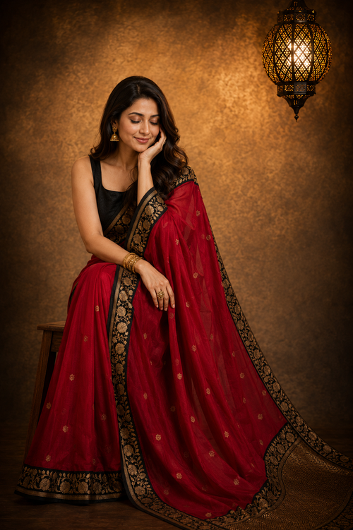 Black Contrast with maroon border - Pure Katan Georgette Banarasi Saree