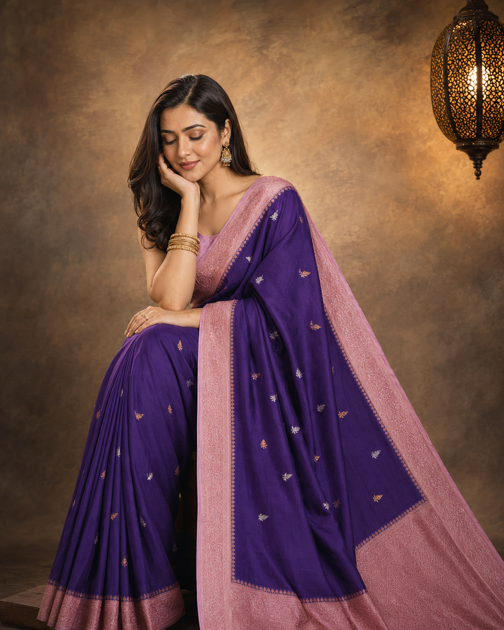 Purple Contrast with baby pink border - Pure Raw Mango Banarasi Saree