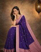 Purple Contrast with baby pink border - Pure Raw Mango Banarasi Saree