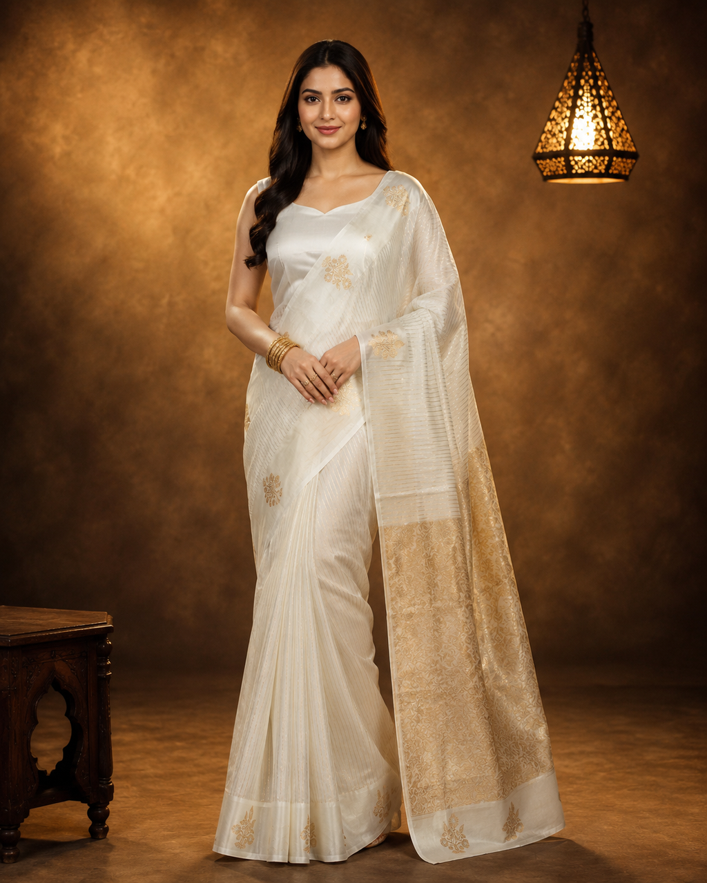 Off-white - Pure Organza Banarasi Saree with Plain Stripe Pattern and Satin Border