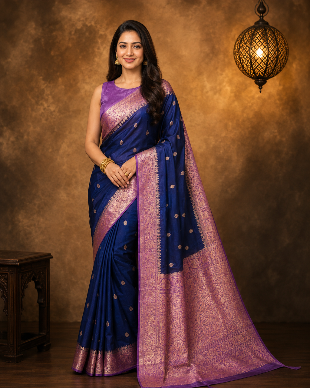 Navy Blue Contrast with Lavender Border - Pure Banarasi Raw Mango silk Saree