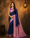Navy Blue Contrast with Lavender Border - Pure Banarasi Raw Mango silk Saree