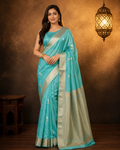 Aqua Teal Blue - Pure Organza Silk Banarasi Saree