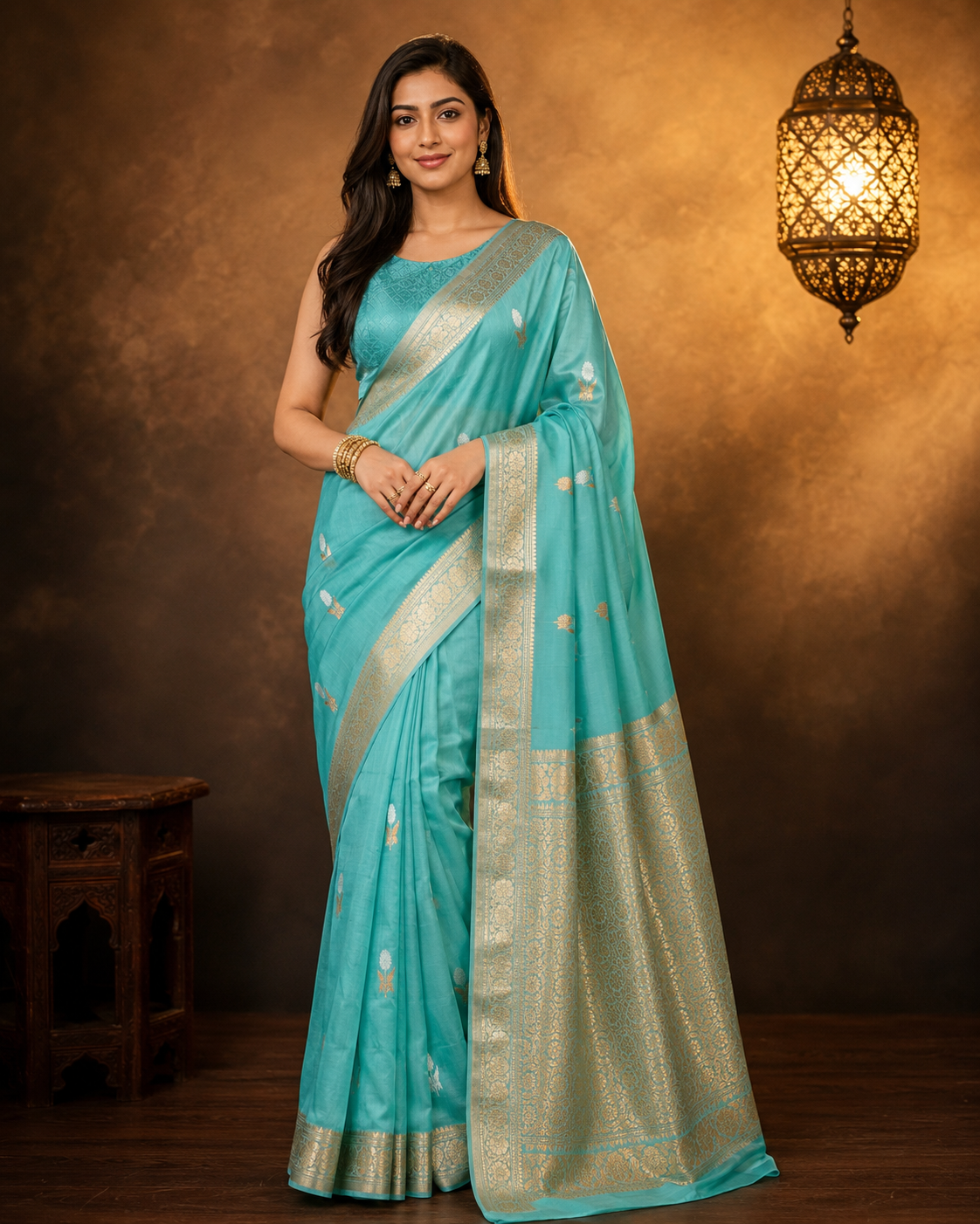 Aqua Teal Blue - Pure Organza Silk Banarasi Saree