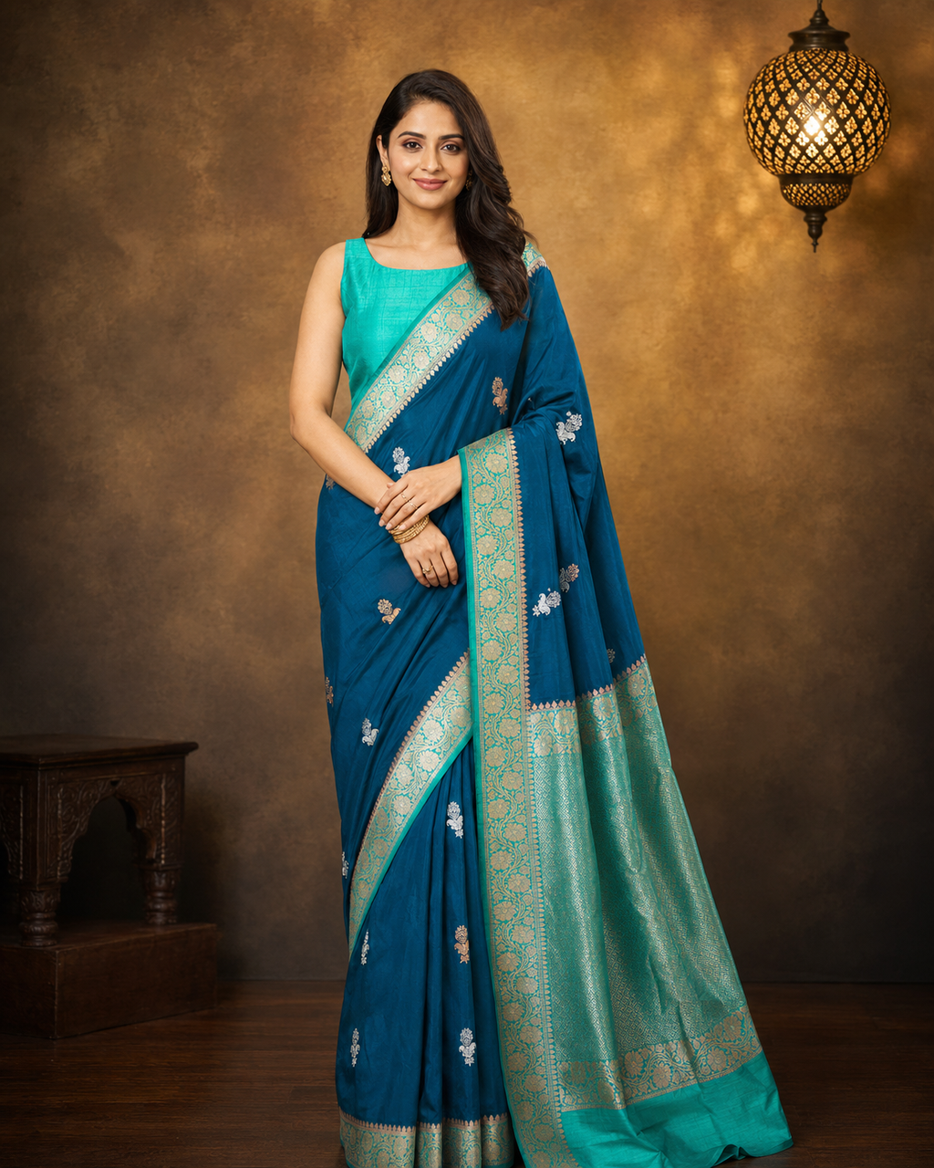 Dark Rama Contrast with Sea Green - Pure Raw Mango Banarasi Saree