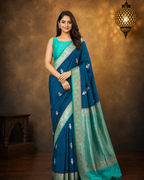 Dark Rama Contrast with Sea Green - Pure Raw Mango Banarasi Saree