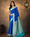 Navy Blue Contrast with lavender border - Pure Raw Mango Banarasi Saree