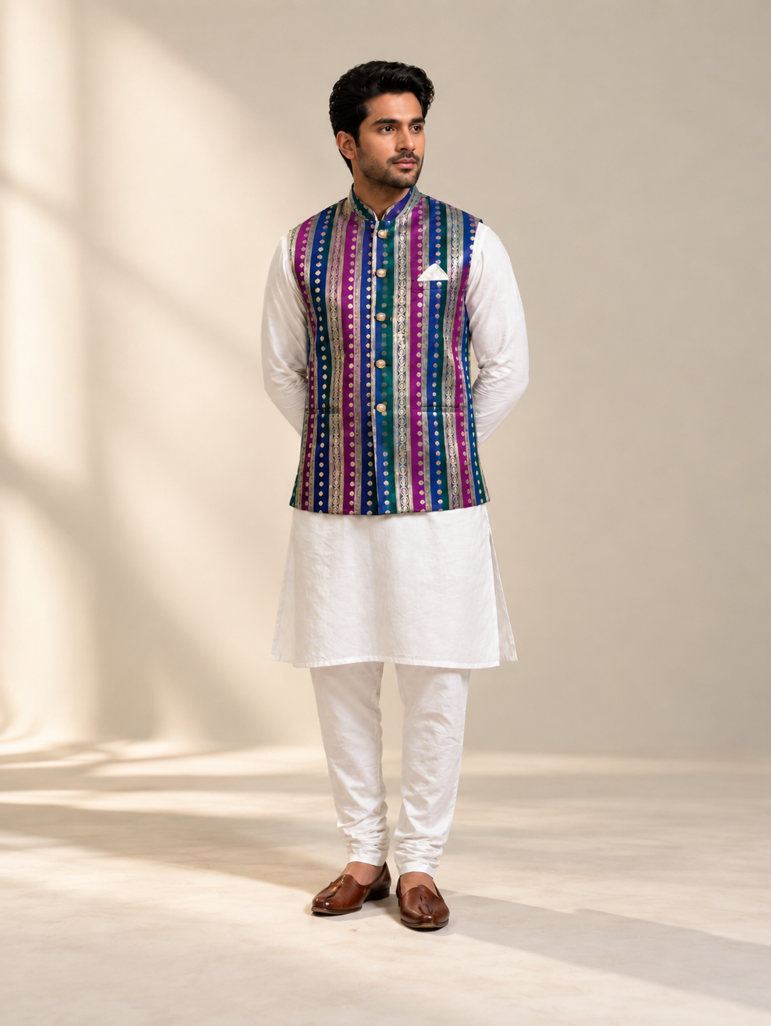 Multicolor Striped - Men's Silk Blend Sleeveless Striped Design Nehru Jacket