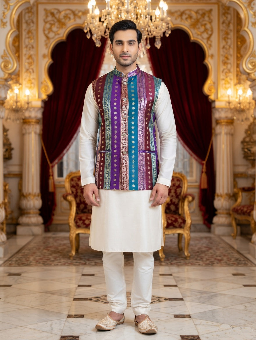 Multicolor Striped - Men's Silk Blend Sleeveless Striped Design Nehru Jacket