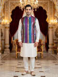 Multicolor Striped - Men's Silk Blend Sleeveless Striped Design Nehru Jacket