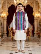 Multicolor Striped - Men's Silk Blend Sleeveless Striped Design Nehru Jacket