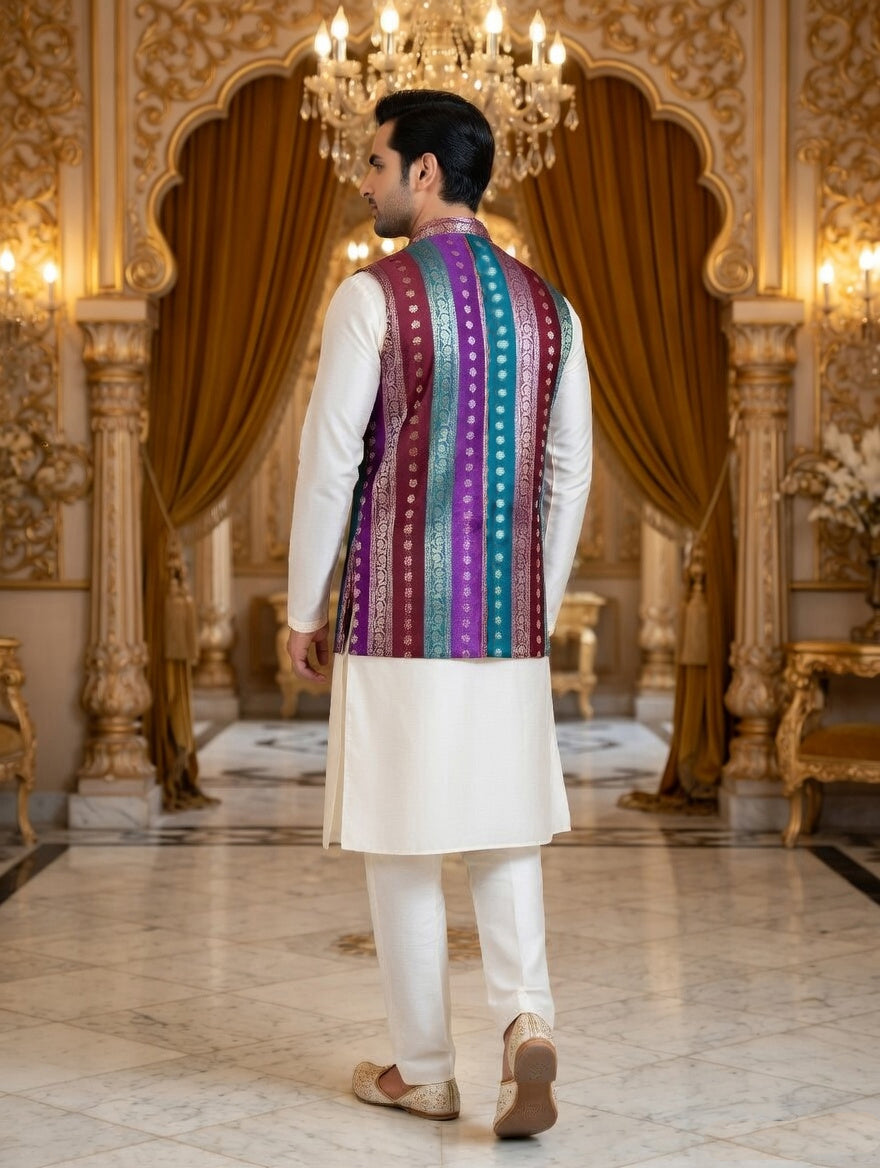 Multicolor Striped - Men's Silk Blend Sleeveless Striped Design Nehru Jacket