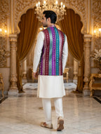 Multicolor Striped - Men's Silk Blend Sleeveless Striped Design Nehru Jacket